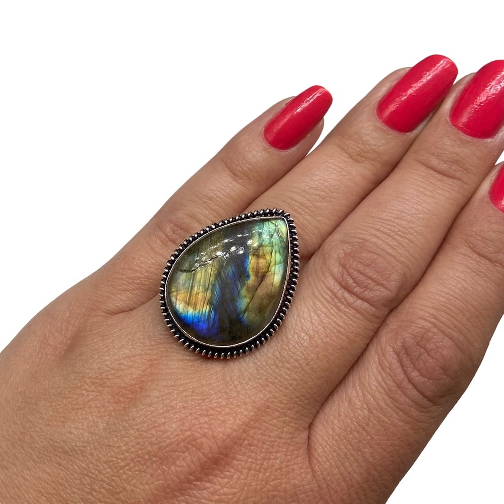 New Labradorite Teardrop Ring in 925 stamped sterling silver overlay setting - Picture 3 of 8